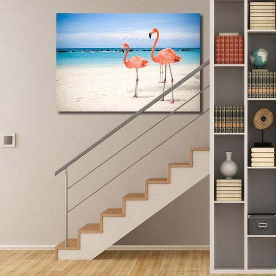 Flamingos By The Beach Canvas Wall Art Print
