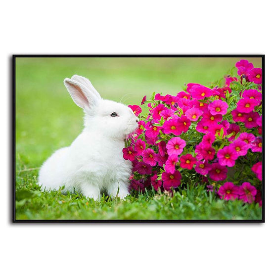 Cuddly Rabbit & Pink Flowers Canvas Art
