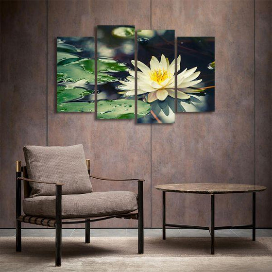 Floating White Waterlily 4 Panels Canvas Wall Art Decor