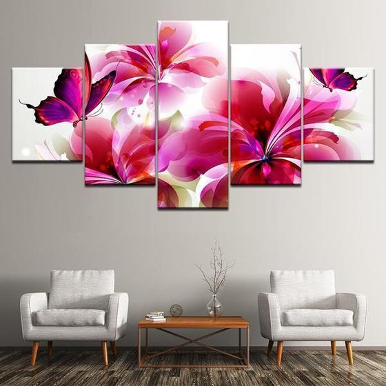Red Flower And Butterfly Canvas Wall Art Decor