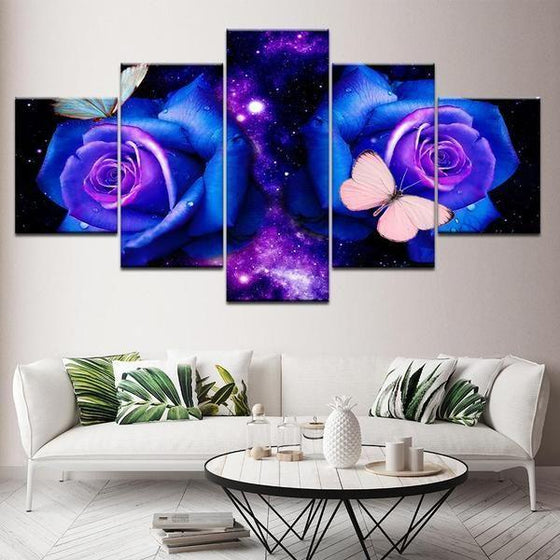 Blue Roses And Butterflies Canvas Wall Art Living Room