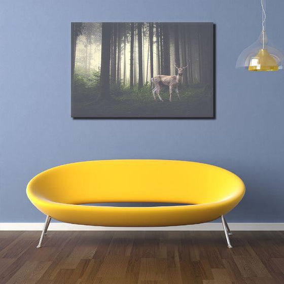 Foggy Forest With A Wild Deer Canvas Wall Art Decor