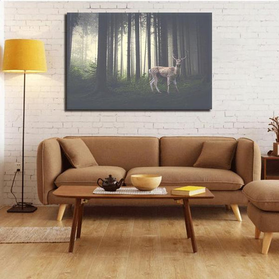 Foggy Forest With A Wild Deer Canvas Wall Art Living Room