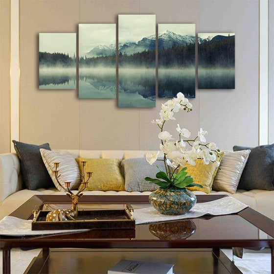 Foggy Lake & Mountain 5 Panels Canvas Wall Art Living Room