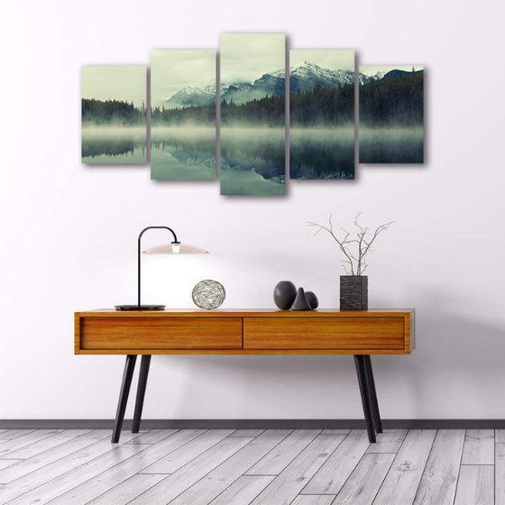 Foggy Lake & Mountain 5 Panels Canvas Wall Art Set