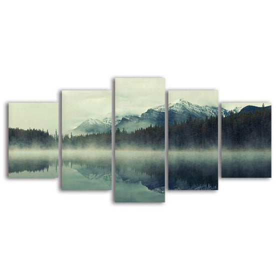 Foggy Lake & Mountain 5 Panels Canvas Wall Art