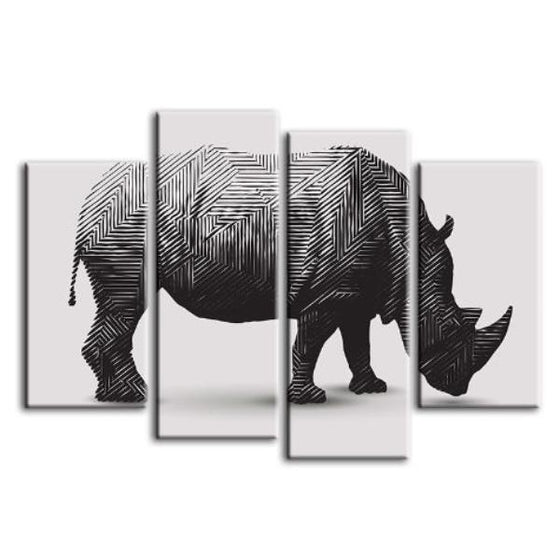 Geometric Rhinoceros 4 Panels Canvas Wall Art