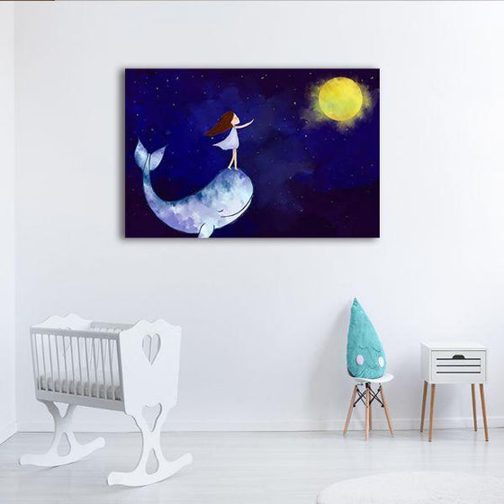 Girl Standing On A Whale Canvas Wall Art Print