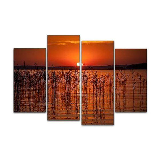 Grass Lake & Orange Sunset Canvas Wall Art