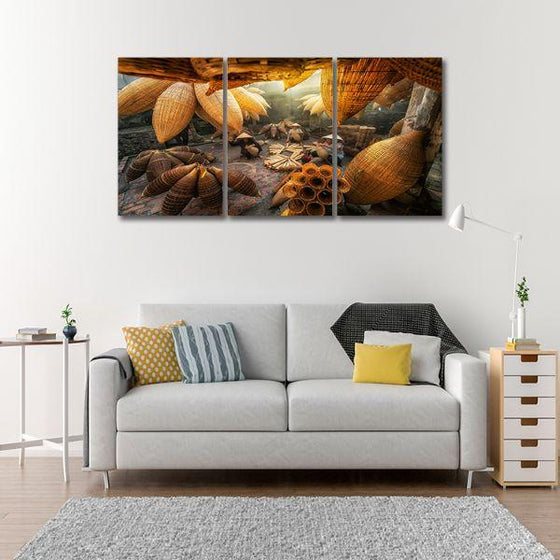 Group Of Fish Trap Weavers 3 Panels Canvas Wall Art Living Room