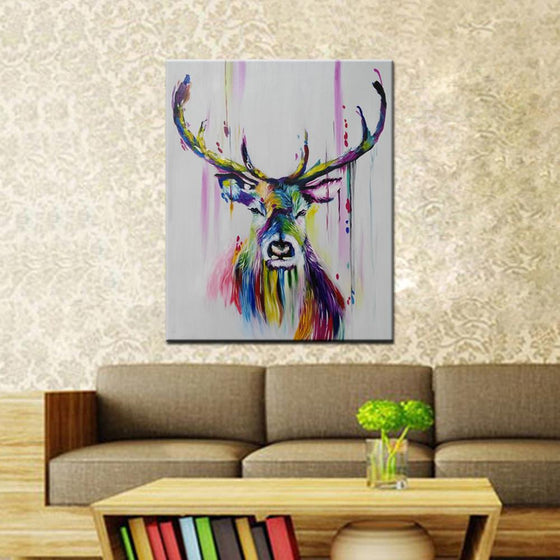 Hand Painted Colored Abstract Deer Canvas Wall Art