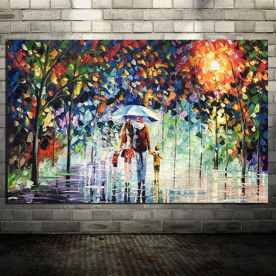 Hand Painted Family Walking in the Rain Canvas Wall Art
