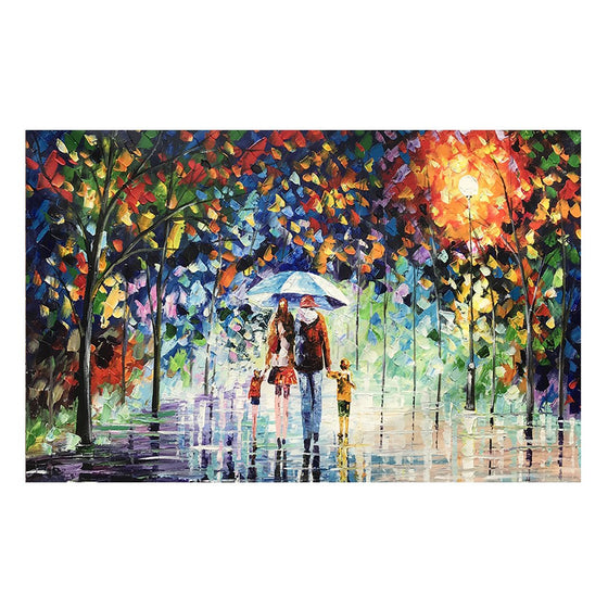 Hand Painted Family Walking in the Rain Canvas Wall Art