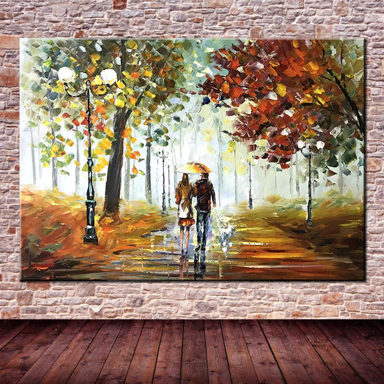 Hand Painted Couple Walking in the Rain Canvas Wall Art