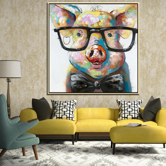Hand Painted Pig with Eyeglasses Canvas Wall Art