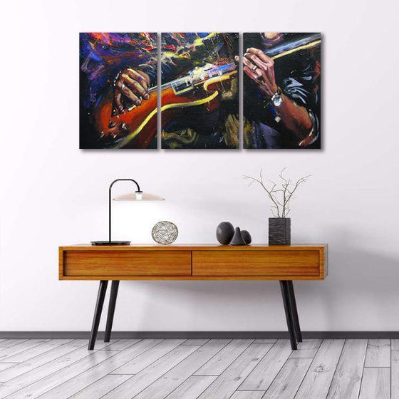 Hands Playing Guitar 3 Panels Canvas Wall Art Print