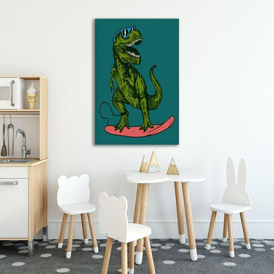 Happy Dinosaur Surfer Canvas Wall Art Decor