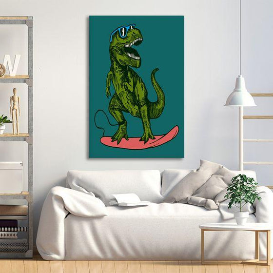 Happy Dinosaur Surfer Canvas Wall Art Living Room