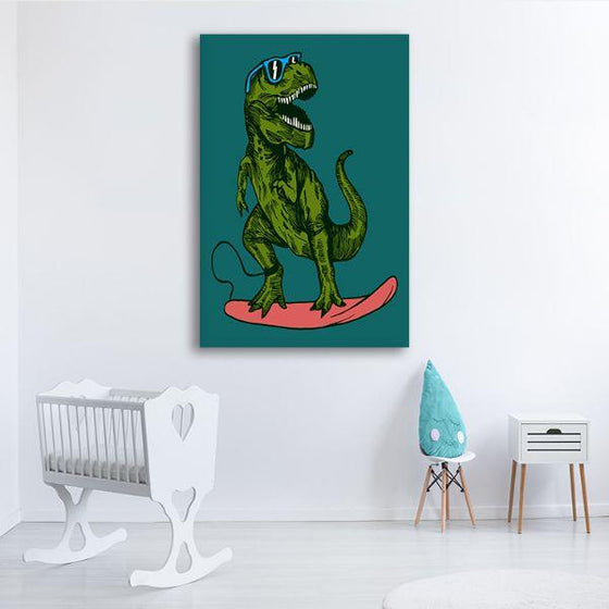 Happy Dinosaur Surfer Canvas Wall Art Nursery Room