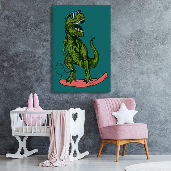 Happy Dinosaur Surfer Canvas Wall Art Print