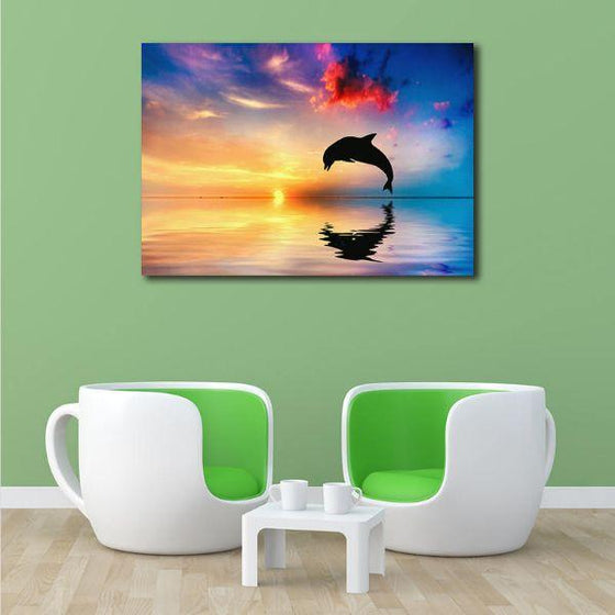 Happy Dolphin And Sunrise Wall Art Print