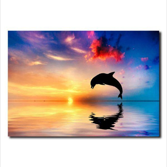 Happy Dolphin And Sunrise Wall Art