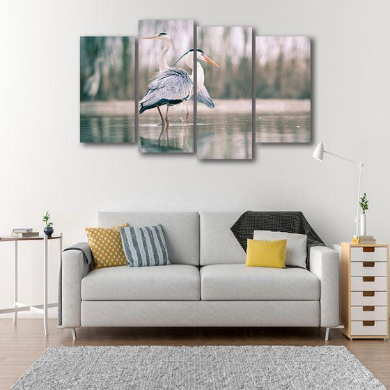 Pair Of Blue Herons 4 Panels Canvas Wall Art Living Room