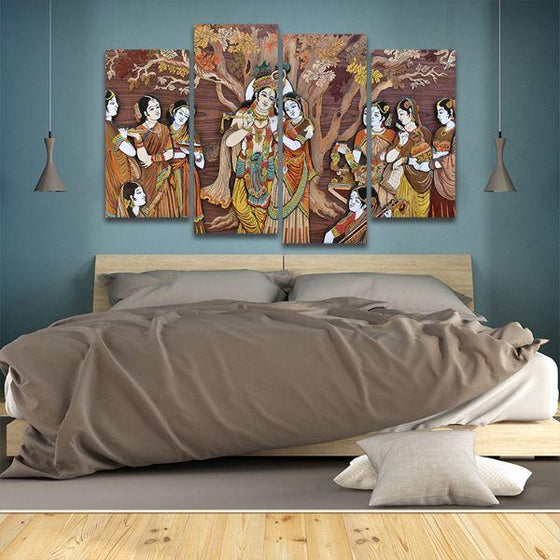 Hindu Gods Krishna & Radha 4 Panels Canvas Wall Art Bedroom
