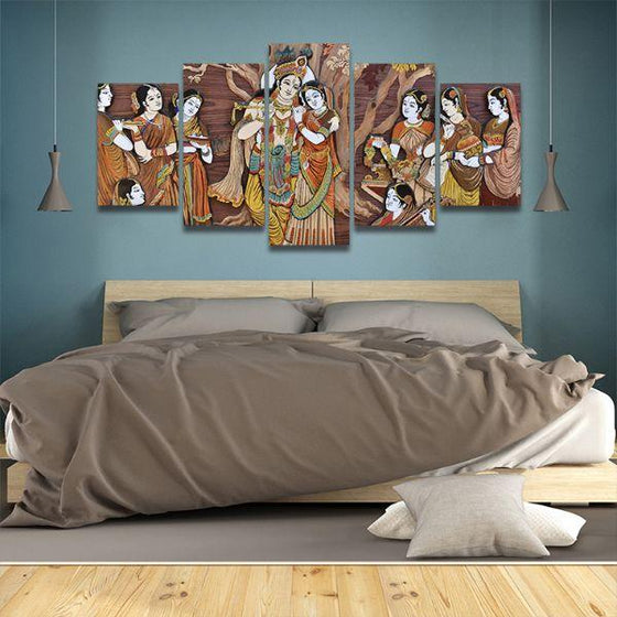 Hindu Gods Krishna & Radha 5-Panel Canvas Wall Art Bedroom