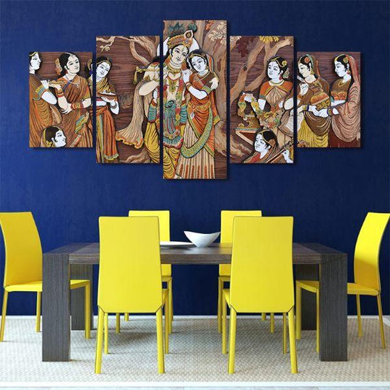 Hindu Gods Krishna & Radha 5-Panel Canvas Wall Art Dining Room