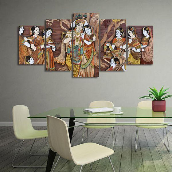 Hindu Gods Krishna & Radha 5-Panel Canvas Wall Art Office