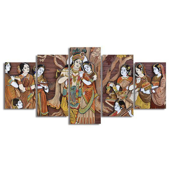 Hindu Gods Krishna & Radha 5-Panel Canvas Wall Art