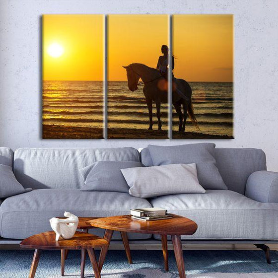 Horseback Riding At Sunset 3-Panel Canvas Wall Art Print