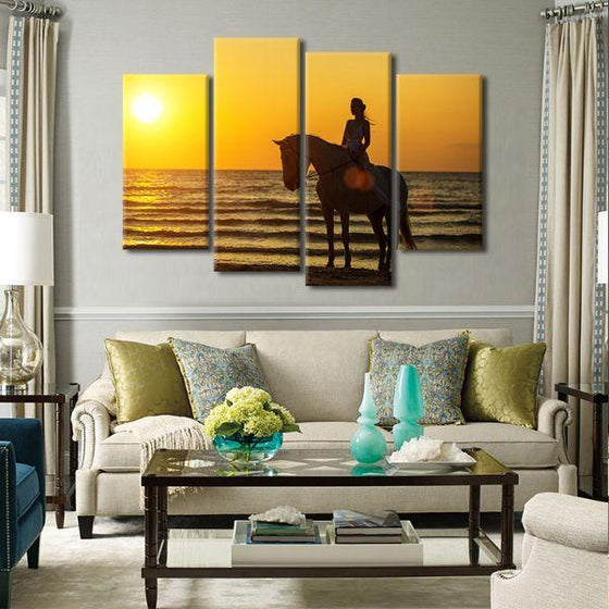 Horseback Riding At Sunset 4-Panel Canvas Wall Art Living Room
