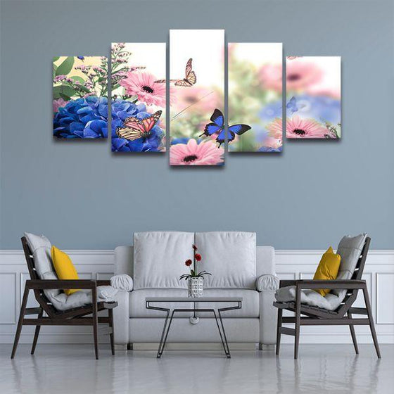 Hydrangeas & Daisies 5 Panels Canvas Wall Art Living Room