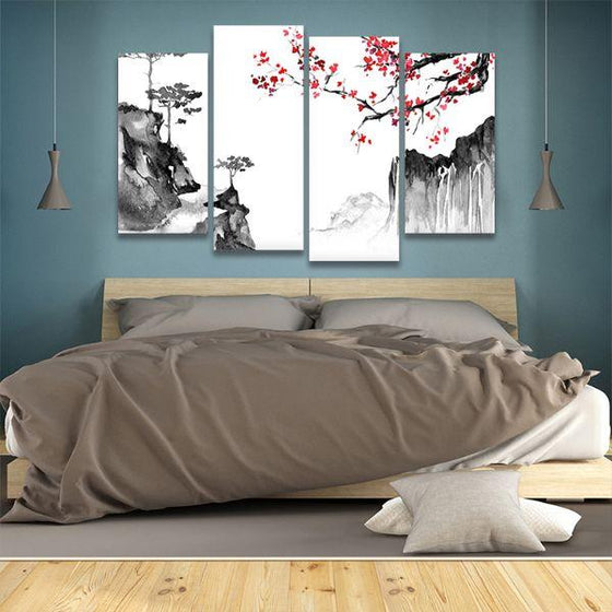 Japanese Sakura & Mountain 4-Panel Canvas Wall Art Bed Room
