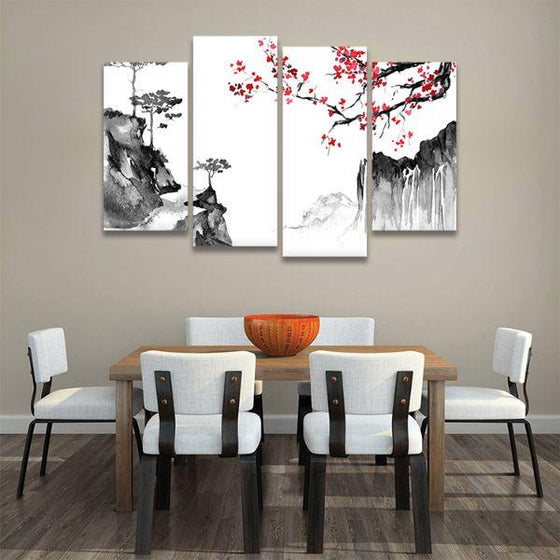 Japanese Sakura & Mountain 4-Panel Canvas Wall Art Dining Room