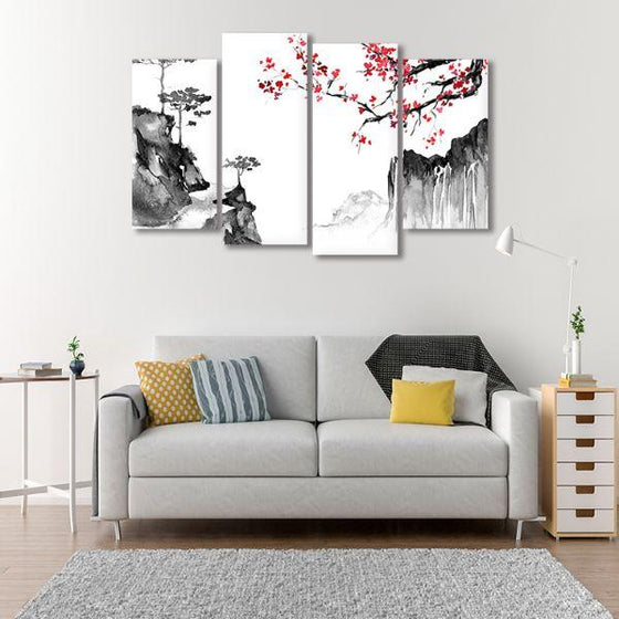 Japanese Sakura & Mountain 4-Panel Canvas Wall Art Living Room