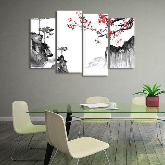 Japanese Sakura & Mountain 4-Panel Canvas Wall Art Office