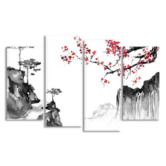 Japanese Sakura & Mountain 4-Panel Canvas Wall Art