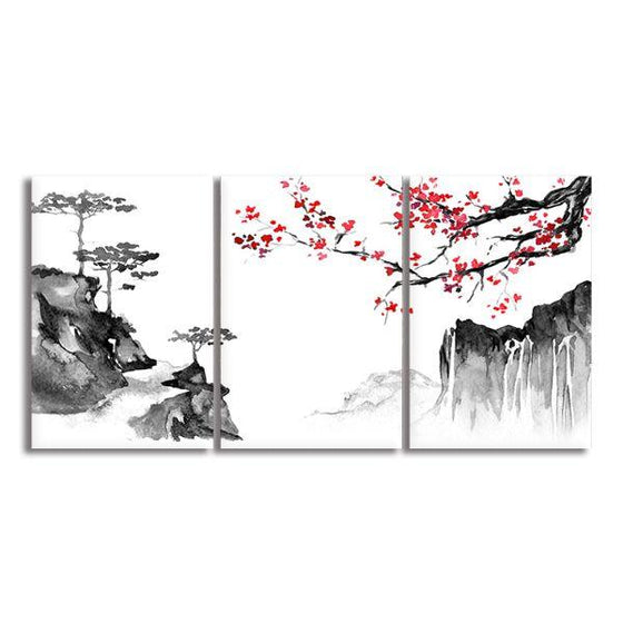 Japanese Sakura & Mountain 4-Panel Canvas Wall Art