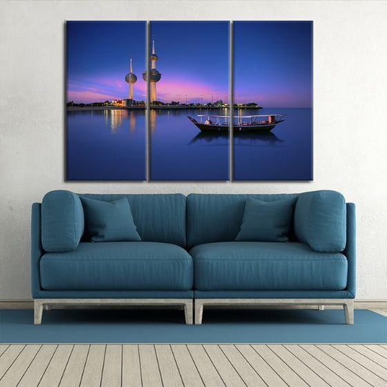 Kuwait Towers & Arabian Boat 3-Panel Canvas Wall Art Living Room