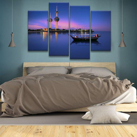 Kuwait Towers & Arabian Boat 4-Panel Canvas Wall Art Bedroom