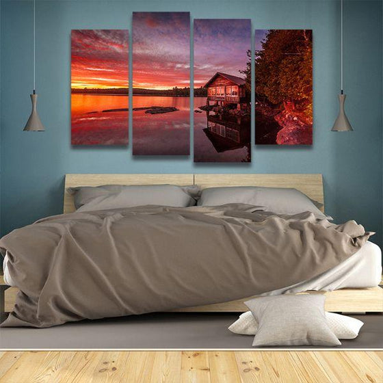 Lakeside View & Sunset 4 Panels Canvas Wall Art Bedroom