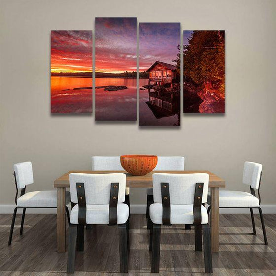 Lakeside View & Sunset 4 Panels Canvas Wall Art Dining Room