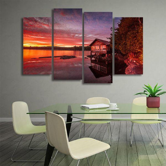 Lakeside View & Sunset 4 Panels Canvas Wall Art Office