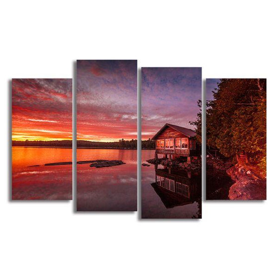 Lakeside View & Sunset 4 Panels Canvas Wall Art