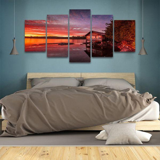 Lakeside View & Sunset 5 Panels Canvas Wall Art Bedroom