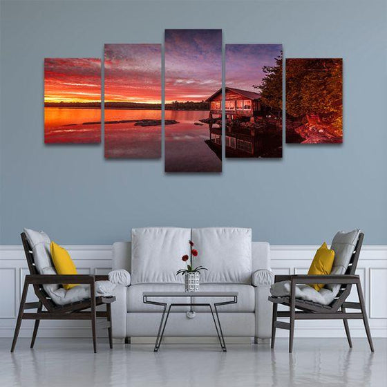 Lakeside View & Sunset 5 Panels Canvas Wall Art Living Room