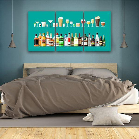 Liquor Glass And Bottle 3 Panels Canvas Wall Art Bed Room